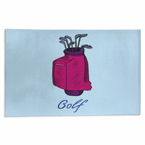 Pink Golf Bag With Putters In It Hand Drawn Doodle Sketch With Inscription Isolated Vector Color Illustration On Blue Background Rugs 188798789