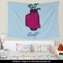 Pink Golf Bag With Putters In It Hand Drawn Doodle Sketch With Inscription Isolated Vector Color Illustration On Blue Background Wall Art 188798789