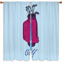Pink Golf Bag With Putters In It Hand Drawn Doodle Sketch With Inscription Isolated Vector Color Illustration On Blue Background Window Curtains 188798789