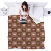 Pink Hearts In Brown Squares Seamless Background Blankets 62756044