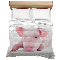 Pink Pig In Lying On His Stomach. Isolated On White Background Bedding 62246981