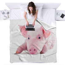 Pink Pig In Lying On His Stomach. Isolated On White Background Blankets 62246981