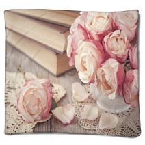 Pink Roses And Old Books Blankets 45734649