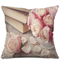 Pink Roses And Old Books Pillows 45734649