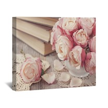 Pink Roses And Old Books Wall Art 45734649