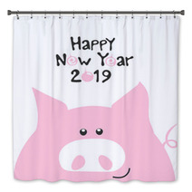 Pink Smile Pig And Hand Drawn Funny Lettering Happy New Year 2019 Fashion Baby Graphic Design T Shirt With Cute Font Vector Illustration Bath Decor 240292506