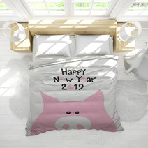 Pink Smile Pig And Hand Drawn Funny Lettering Happy New Year 2019 Fashion Baby Graphic Design T Shirt With Cute Font Vector Illustration Bedding 240292506