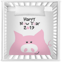Pink Smile Pig And Hand Drawn Funny Lettering Happy New Year 2019 Fashion Baby Graphic Design T Shirt With Cute Font Vector Illustration Nursery Decor 240292506