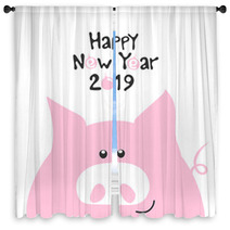 Pink Smile Pig And Hand Drawn Funny Lettering Happy New Year 2019 Fashion Baby Graphic Design T Shirt With Cute Font Vector Illustration Window Curtains 240292506