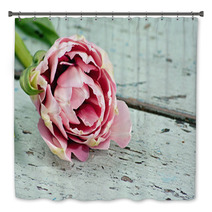 Pink Tulips On A Wooden Surface Bath Decor 40665591