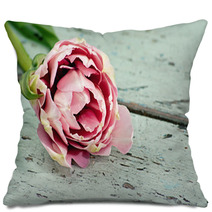 Pink Tulips On A Wooden Surface Pillows 40665591