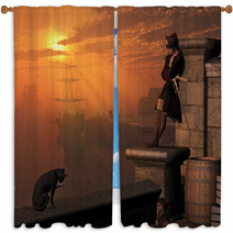 Pirate Captain Waiting On The Docks At Sunset Window Curtains 52424397