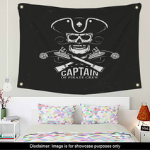 Pirate Emblem Captain Skull In Cocked Hat And Crossed Pistols On A Black Backdrop Grunge Texture And Background On Separate Layers Wall Art 133234587
