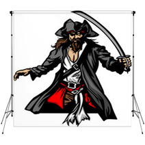 Pirate Mascot Standing With Sword And Hat Backdrops 39350428