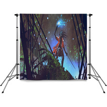 Pirate Searching With A Blue Light Torch In Dark Forest Digital Art Style Illustration Painting Backdrops 196569043