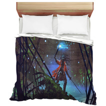 Pirate Searching With A Blue Light Torch In Dark Forest Digital Art Style Illustration Painting Bedding 196569043