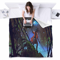 Pirate Searching With A Blue Light Torch In Dark Forest Digital Art Style Illustration Painting Blankets 196569043