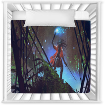 Pirate Searching With A Blue Light Torch In Dark Forest Digital Art Style Illustration Painting Nursery Decor 196569043