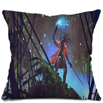 Pirate Searching With A Blue Light Torch In Dark Forest Digital Art Style Illustration Painting Pillows 196569043