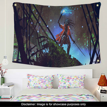 Pirate Searching With A Blue Light Torch In Dark Forest Digital Art Style Illustration Painting Wall Art 196569043