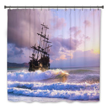 Pirate Ship At The Open Sea At The Sunset Bath Decor 202496200