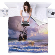 Pirate Ship At The Open Sea At The Sunset Blankets 202496200