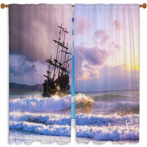 Pirate Ship At The Open Sea At The Sunset Window Curtains 202496200