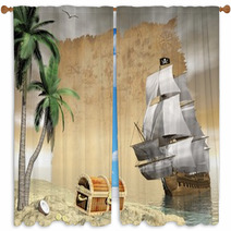 Pirate Ship Finding Treasure - 3D Render Window Curtains 64457354
