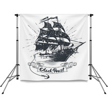 Pirate Ship Hand Drawn Vector Illustration Black Pearl Lettering Backdrops 205854546