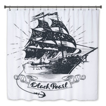 Pirate Ship Hand Drawn Vector Illustration Black Pearl Lettering Bath Decor 205854546