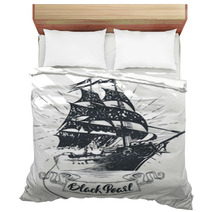 Pirate Ship Hand Drawn Vector Illustration Black Pearl Lettering Bedding 205854546