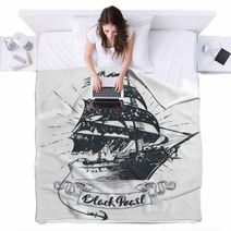 Pirate Ship Hand Drawn Vector Illustration Black Pearl Lettering Blankets 205854546