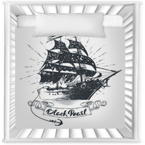 Pirate Ship Hand Drawn Vector Illustration Black Pearl Lettering Nursery Decor 205854546