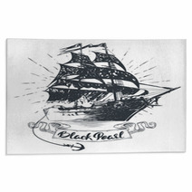 Pirate Ship Hand Drawn Vector Illustration Black Pearl Lettering Rugs 205854546