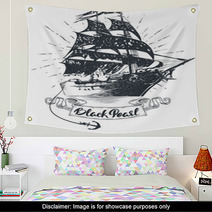 Pirate Ship Hand Drawn Vector Illustration Black Pearl Lettering Wall Art 205854546
