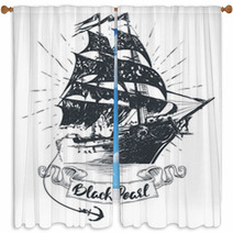 Pirate Ship Hand Drawn Vector Illustration Black Pearl Lettering Window Curtains 205854546