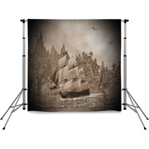 Pirate Ship On The Coast - 3D Render Backdrops 66163722