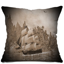Pirate Ship On The Coast - 3D Render Pillows 66163722