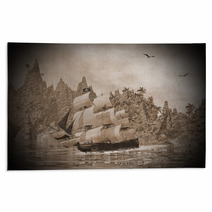 Pirate Ship On The Coast - 3D Render Rugs 66163722