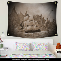 Pirate Ship On The Coast - 3D Render Wall Art 66163722