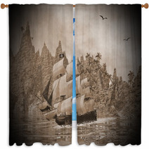 Pirate Ship On The Coast - 3D Render Window Curtains 66163722