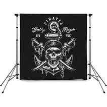 Pirate Skull Emblem With Swords Anchor And Rope On Dark Background Backdrops 180128690
