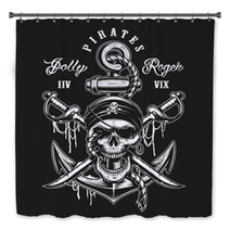Pirate Skull Emblem With Swords Anchor And Rope On Dark Background Bath Decor 180128690