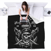 Pirate Skull Emblem With Swords Anchor And Rope On Dark Background Blankets 180128690