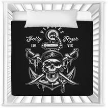 Pirate Skull Emblem With Swords Anchor And Rope On Dark Background Nursery Decor 180128690
