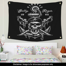 Pirate Skull Emblem With Swords Anchor And Rope On Dark Background Wall Art 180128690
