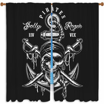 Pirate Skull Emblem With Swords Anchor And Rope On Dark Background Window Curtains 180128690