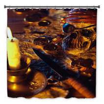 Pirate Theme With Skull, Knife, Treasure Map And Gold Coins. Bath Decor 64735843
