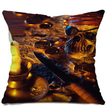 Pirate Theme With Skull, Knife, Treasure Map And Gold Coins. Pillows 64735843