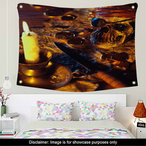 Pirate Theme With Skull, Knife, Treasure Map And Gold Coins. Wall Art 64735843